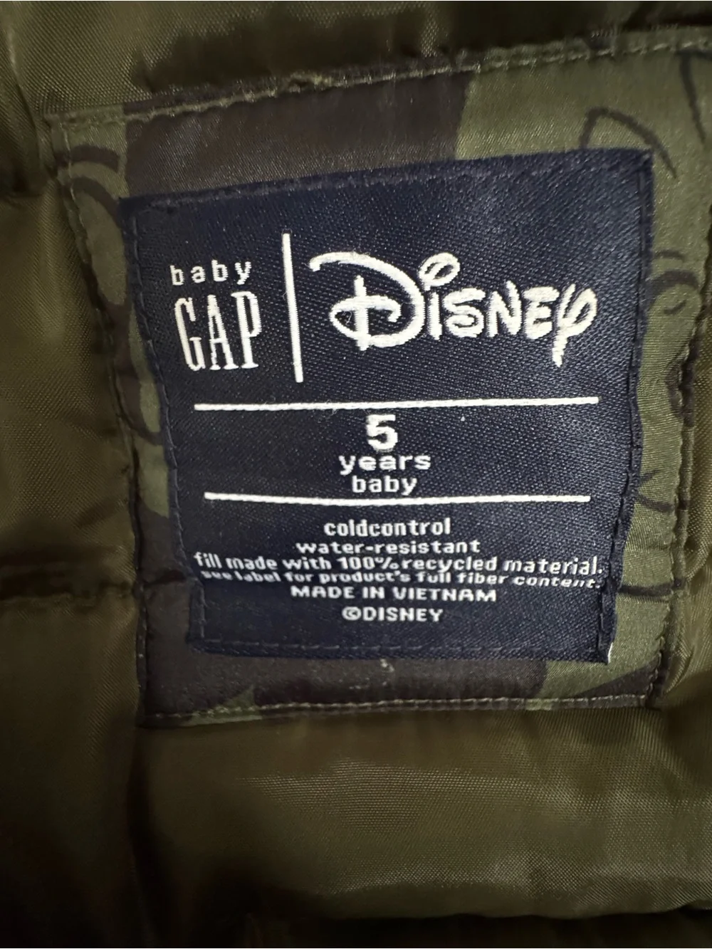 Baby Gap x Disney Mickey Mouse Camo Puffer Jacket Hooded Green Boys 5T